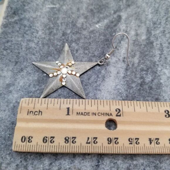 Vintage Silver Tone Star and Rhinestone Dangle Earrings, Estate - Picture 4 of 5